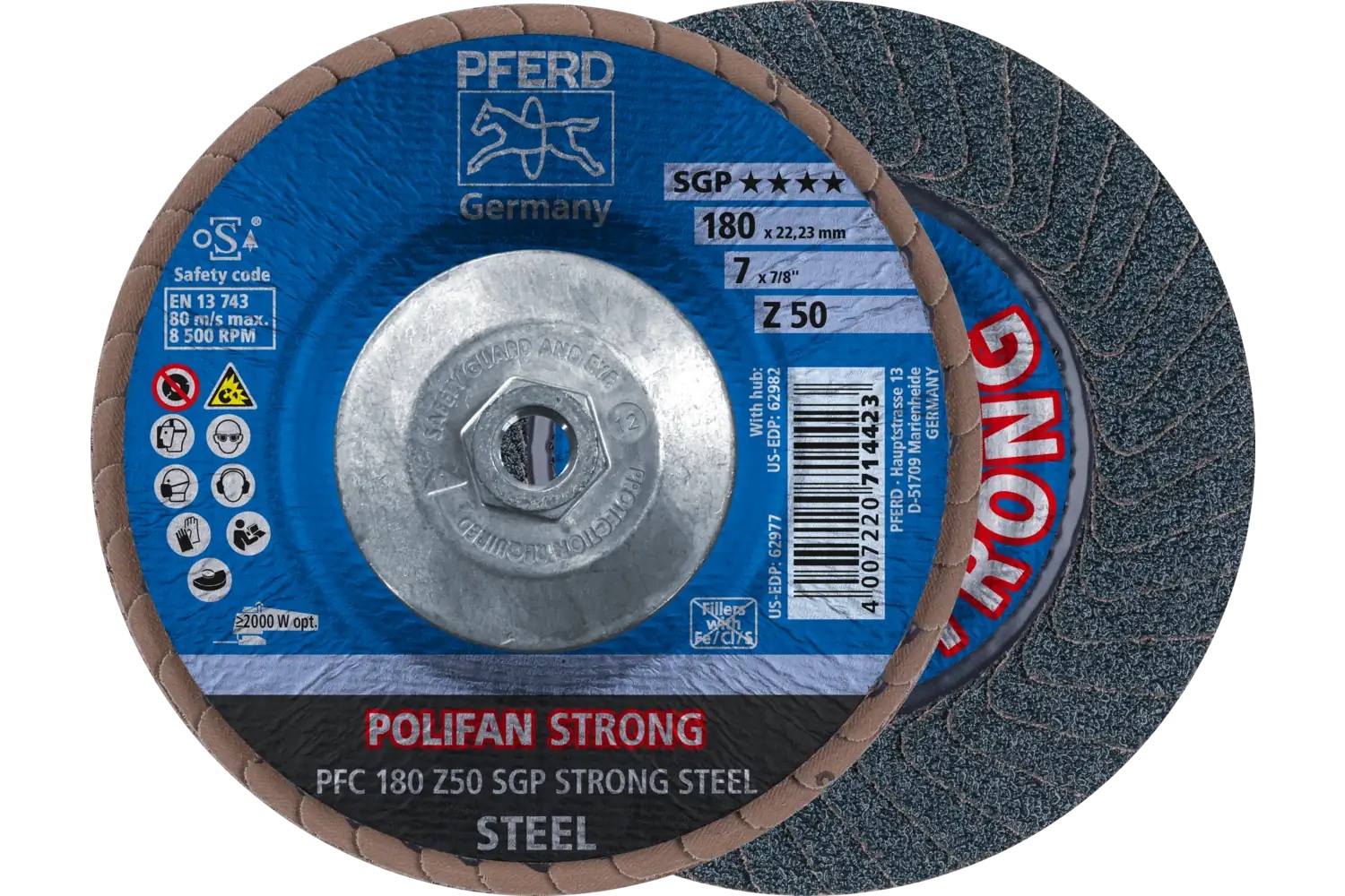 Picture of Pferd Flap Disc, 7" x 5/8-11, Z SGP Strong Steel, 50 Grit, T29, Conical, Zirconia